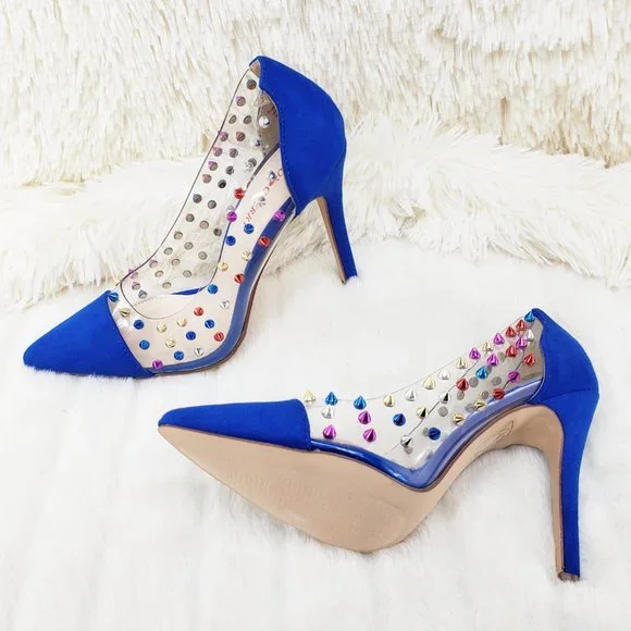 Gigi 09 Blue Multi Color Spiked Stiletto High Heel Shoes Pumps - Picture 3 of 9